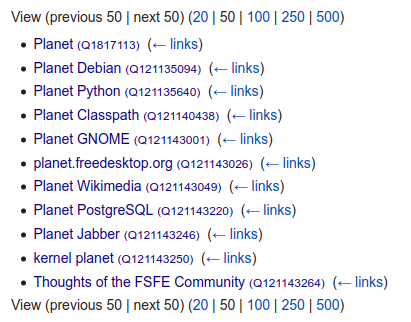 Screenshot of the 'What links here' page for the Wikidata item 'blog planet'.