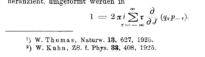 Screenshot of two references as footnotes on a page with a mathematical formula from the old Born paper from 1925.