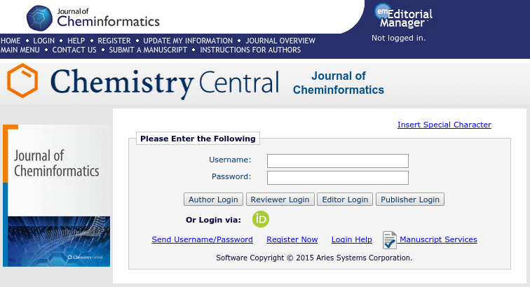 Screenshot of the Chemistry Central system login page with the normal username/password text boxes, but also a green ORCID logo to login via ORCID.