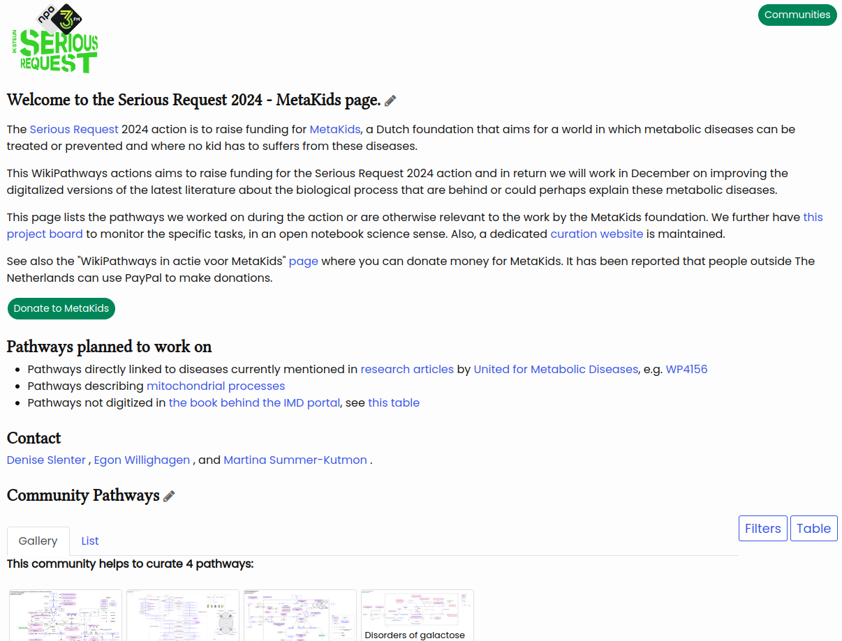 Screenshot of the 'WikiPathways in actie voor MetaKids' action page.